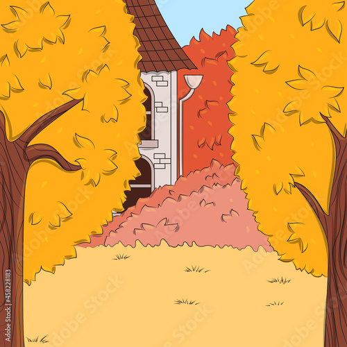 Autumn garden vector flat illustration. Trees, bushes, house. Fall relaxing outdoor in country house.