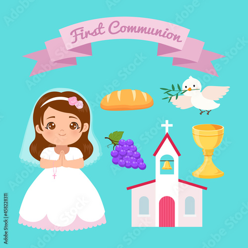 Cute girl in white dress and first communion clip art. Flat vector cartoon design