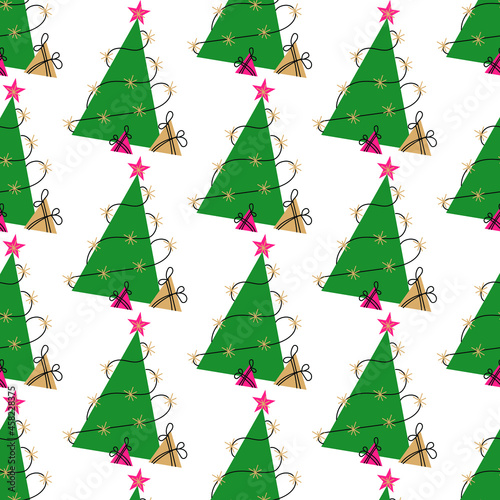 pattern of a green Christmas tree with lights and gifts