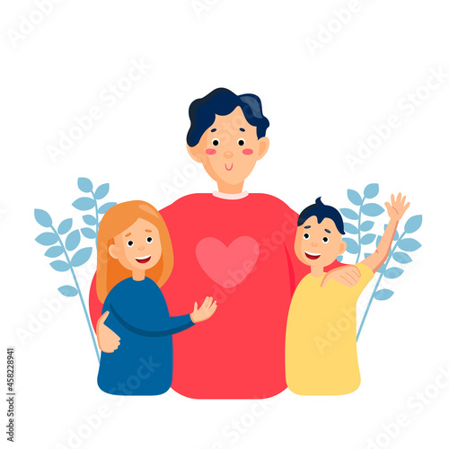 A happy father embraces his children. Father son and daughter. A happy family. Brother and sister. Vector illustration in cartoon style