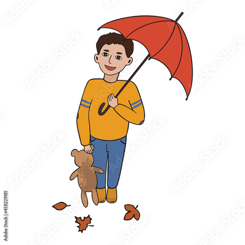 Boy with umbrella cartoon illustration. Teddy bear and overshadowing leaves. 
