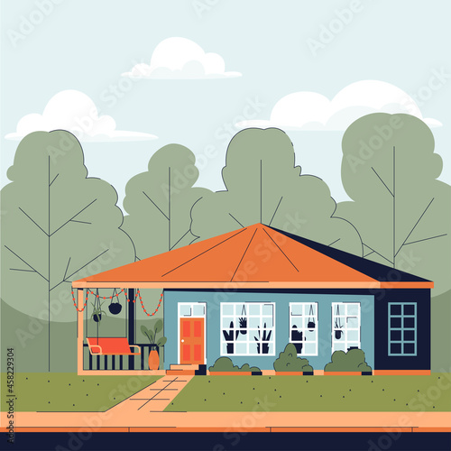 country house with one floor and open veranda