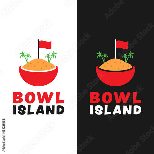 Island Illustration in a Bowl Logo Design Template. Bowl with Fried Rice or Beach Sand with Red Flag and Palm Tree. Suitable for Restaurant Cafe Bistro Bar in Modern Flat Logo Design.