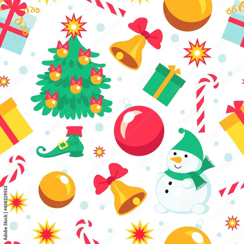 Fototapeta premium Seamless pattern christmas gifts. Winter holiday kids background, funny characters, snowman, new year tree, toys and caramel canes isolated on white, vector wrapping paper, print or fabric