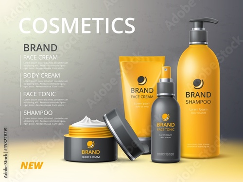 Cosmetics bottles poster. Skin and hair care beauty products, realistic objects 3d mockup, cream, shampoo and tonic plastic containers, advertising banner, vector isolated concept