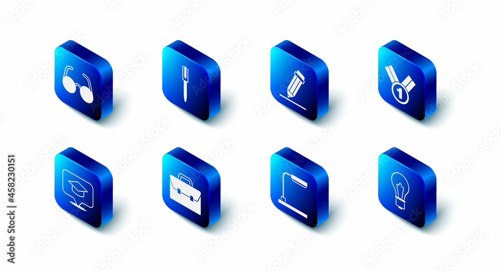 Set Pen, Pencil with eraser, Medal, Light bulb idea, Table lamp, Briefcase, Graduation cap in speech bubble and Glasses icon. Vector Set Pen, Pencil with eraser, Medal, Light bulb idea, Table lamp, Briefcase, Graduation cap in speech bubble and Glasses icon. Vector