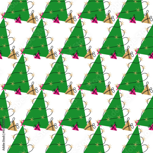 pattern of a green Christmas tree with lights and gifts