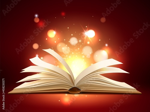 Book mystic light. Realistic opened magic pages with shining and glowing particles, education and entertainment literature, miracle story, banner or poster template, vector isolated concept