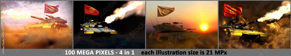 4 images of detailed modern tank with design that not exists and with Kyrgyzstan flag - Kyrgyzstan army concept, military 3D Illustration