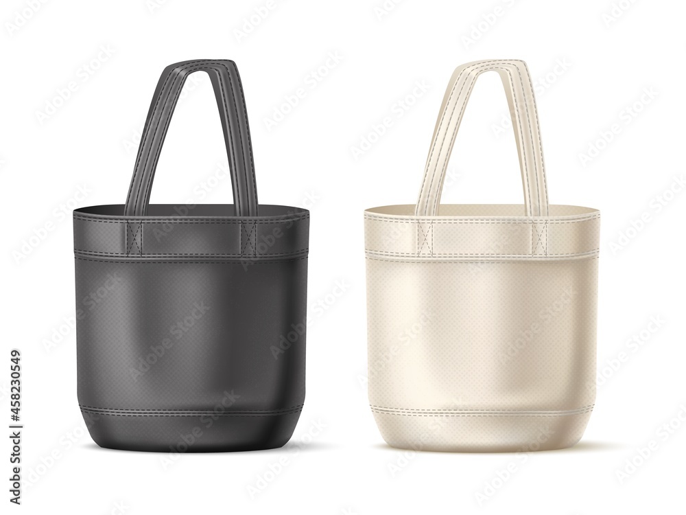 Black and white shopping bags. Realistic textile ecology handbag, natural beige and dark colors, empty detailed mockup for marketing branding, fabric template, vector isolated set Black and white shopping bags. Realistic textile ecology handbag, natural beige and dark colors, empty detailed mockup for marketing branding, fabric template, vector isolated set