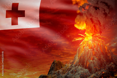 big volcano blast eruption at night with explosion on Tonga flag background, troubles because of eruption and volcanic earthquake concept - 3D illustration of nature