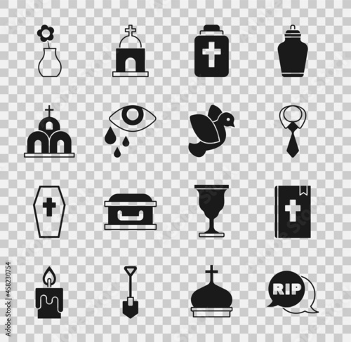 Set Speech bubble rip death, Holy bible book, Tie, Funeral urn, Tear cry eye, Church building, Flower vase and Dove icon. Vector