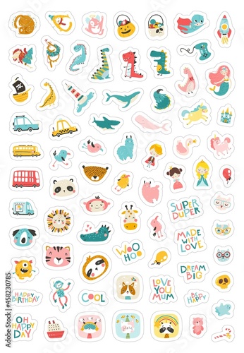 Characters are childish sticker pack. Collection of sticker illustrations with cute kawaii animals, christmas, holidays. Vector hand-drawn doodle in simple cartoon style. The limited palette.