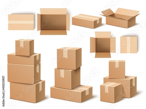 Realistic cardboard boxes. Paper parcels, post delivery opened and closed, different angles containers, top and side view objects, single and objects groups stacks, vector isolated set © VectorBum
