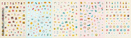 Big sticker pack for the planner. Collection of cute illustrations for holidays, birthday, christmas, wedding, beauty and travel with cute animals. Vector hand-drawn in simple cartoon style.