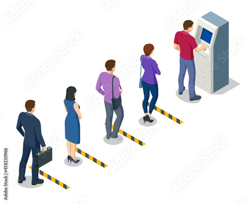 Isometric man waiting for the credit card inserting from ATM Machine. ATM service machine of a bank. Automated teller machine