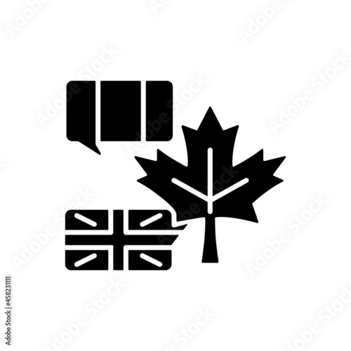 Bilingual country black glyph icon. French and english speaking population. Two official languages in canada. Linguistic duality. Silhouette symbol on white space. Vector isolated illustration