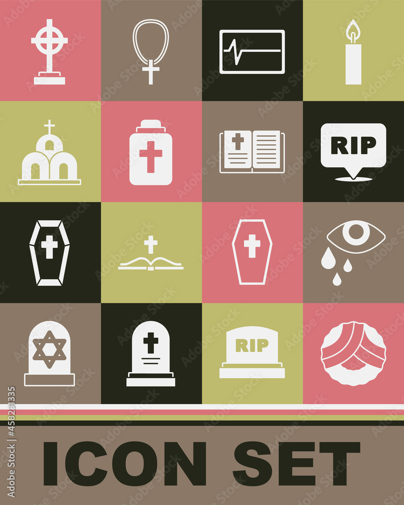 Set Memorial wreath, Tear cry eye, Speech bubble rip death, Beat dead in monitor, Funeral urn, Church building, Grave with cross and Holy bible book icon. Vector Set Memorial wreath, Tear cry eye, Speech bubble rip death, Beat dead in monitor, Funeral urn, Church building, Grave with cross and Holy bible book icon. Vector