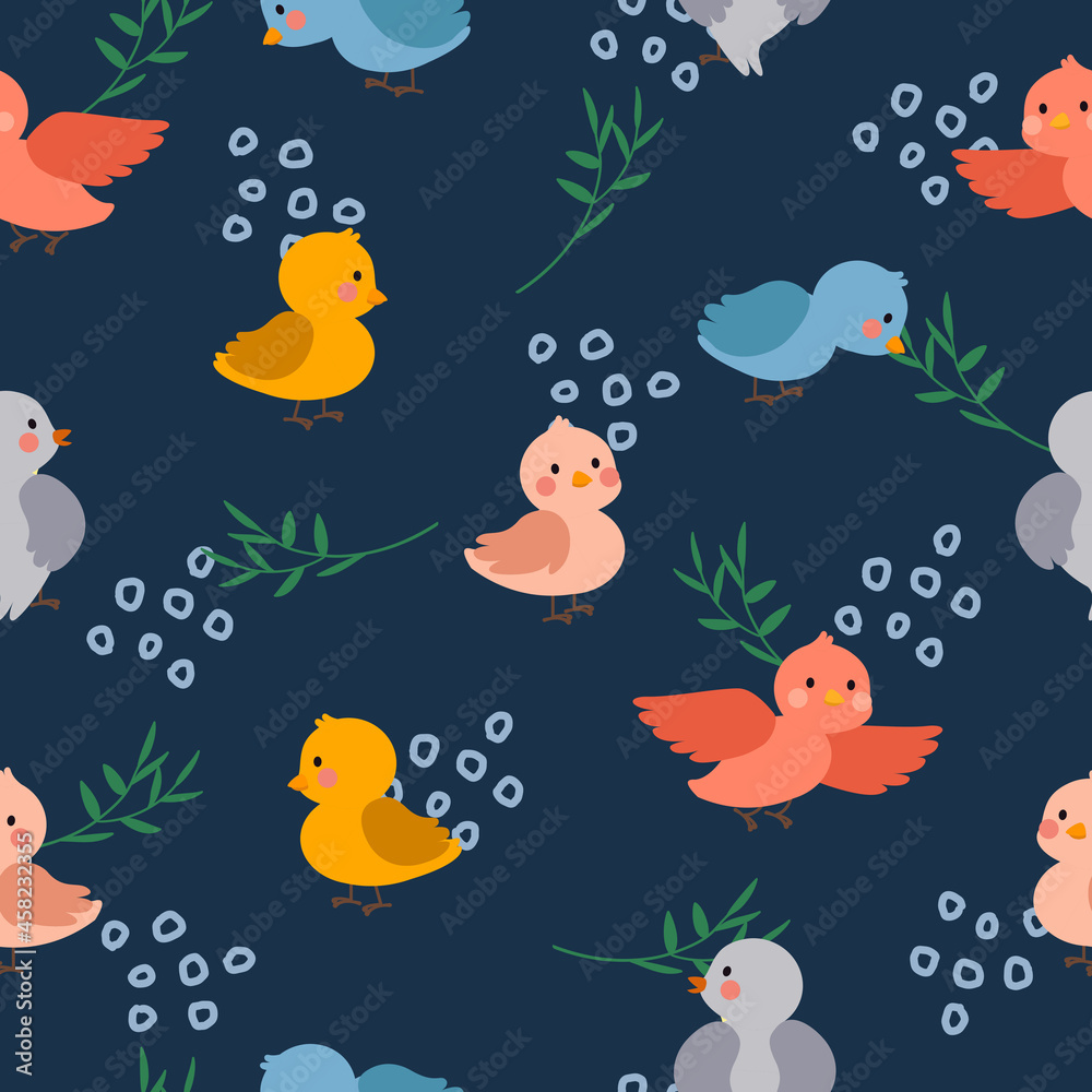 Cute colorful birds seamless pattern background. Flat vector cartoon design