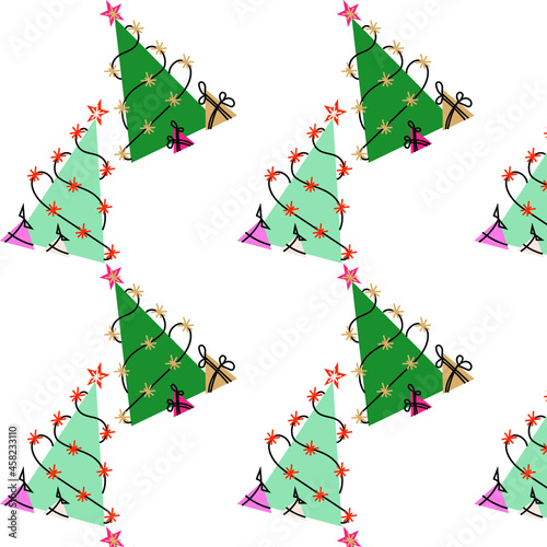 pattern of Christmas trees with lights and gifts