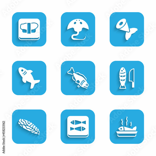 Set Fish, Canned fish, Served on plate, with sliced pieces, steak, Shark, tail and Sushi cutting board icon. Vector