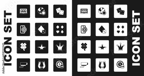 Set Game dice, Online poker table game, slot machine with jackpot, Deck of playing cards, Casino chips, Joker and clover icon. Vector