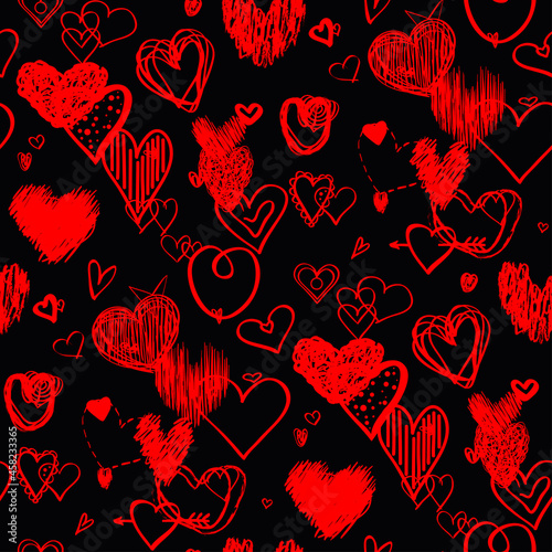 Seamless dark background with hearts. Abstract geometric wallpaper of the surface. Hand drawn love signs. Line art. Print for banners, posters, t-shirts and textiles