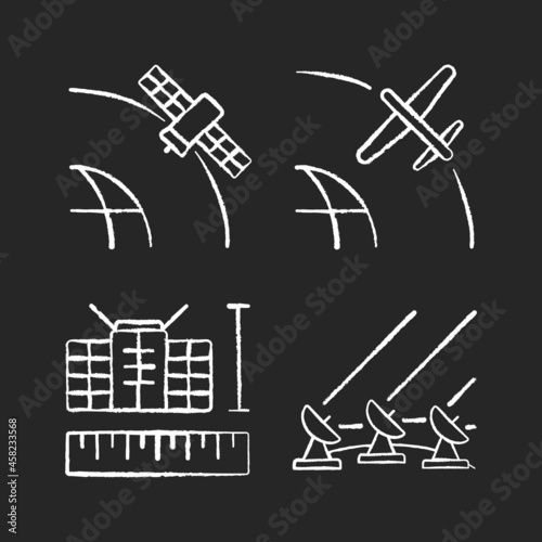 Satellite technologies chalk white icons set on dark background. Ground Satellite system. Geostationary, drone, nano satelites development. Isolated vector chalkboard illustrations on black
