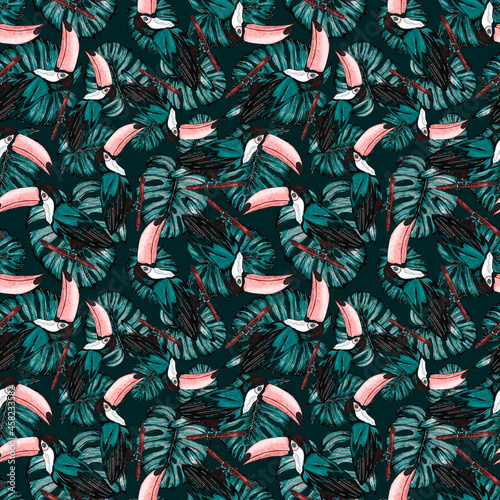 Watercolor seamless pattern with toucan. Exotic botanical jungle wallpaper with tropical bird and leaves. Bright summer pattern background.	
