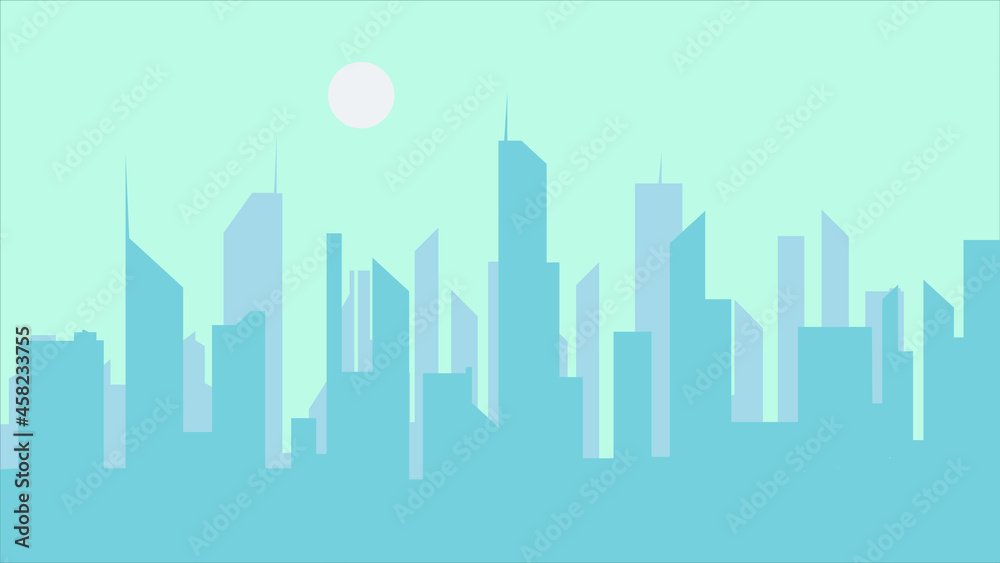 Vector city skyline illustration. City landscape. Daytime city landscape in flat style. Blue