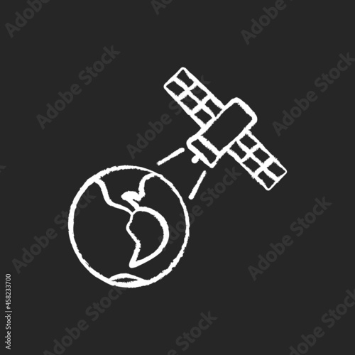 Earth observation process chalk white icon on dark background. Terrestial surface investigation by artifial satelite. Meteorological Earth observation. Isolated vector chalkboard illustration on black photo