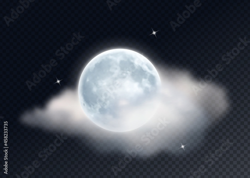 Bright Moon with Clouds on Transparent Background. Realistic Vector Illustration © just_hope