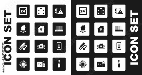 Set House under protection, Smart home with wi-fi, Thermostat, Router and signal, bathroom scales, Smartphone battery charge and Electric extension cord icon. Vector