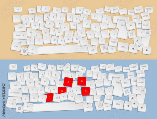 Realistic white keys of broken computer keyboard are sprinkled on table. Chaos and confusion in workplace. Vector for any color of background