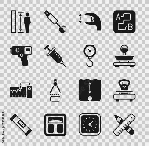 Set Crossed ruler and pencil, Scales, Approximate measurements, Syringe, Digital thermometer, Measuring height body and Hand scale spring mechanical icon. Vector