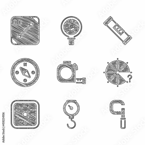 Set Roulette construction, Hand scale spring mechanical, Micrometer, Circle of pieces, Clock, Compass, Construction bubble level and Diagonal measuring icon. Vector