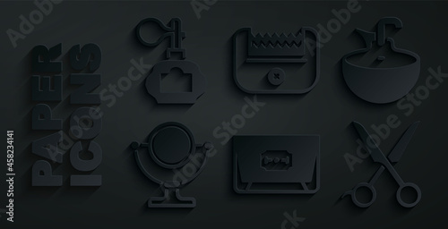 Set Blade razor, Washbasin, Round makeup mirror, Scissors hairdresser, Electrical clipper and Aftershave icon. Vector