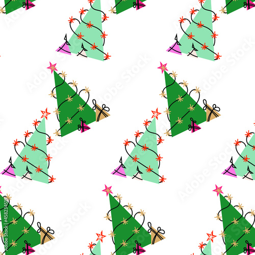 pattern of Christmas trees with lights and gifts