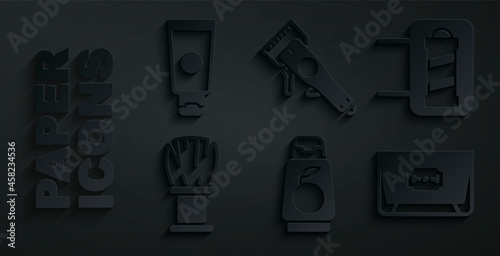 Set Bottle of shampoo, Barber shop pole, Shaving brush, Blade razor, Electrical hair clipper and Cream cosmetic tube icon. Vector