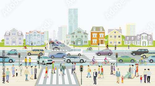 Stadtsilhouette mit Strassenkreuzung in einer Stadt
und Menschen auf dem Bürgersteig, Illustration