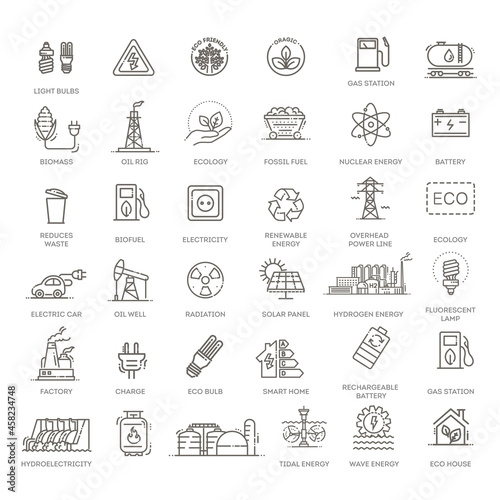 Collection of linear style vector icons on the theme of electric power. Renewable and non-renewable resources
