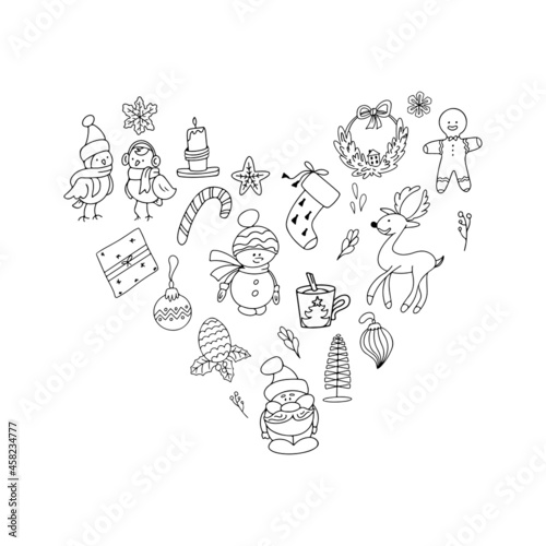 Christmas heart doodles set. Collection of vector new year design elements