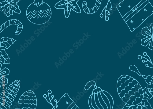 Christmas background with doodle design elements. Vector illustration with hand-drawn new year toys and gifts. Banner template