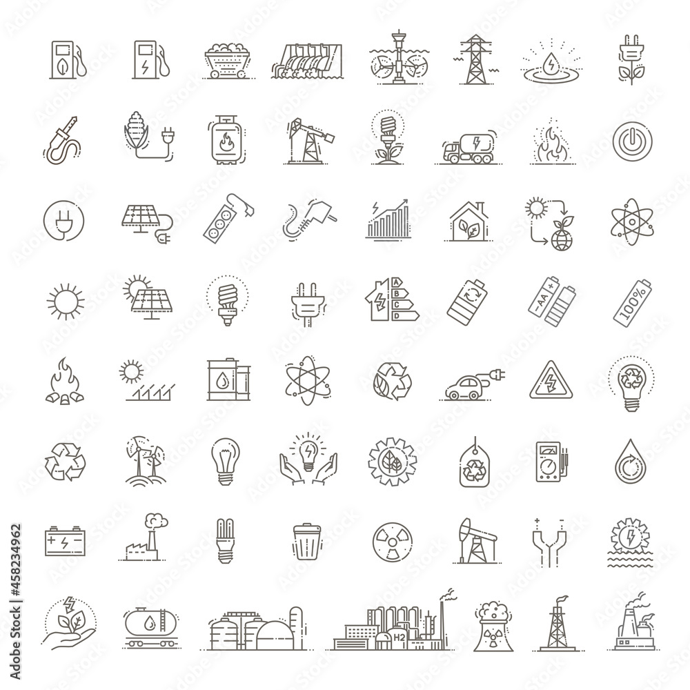 Collection of linear style vector icons on the theme of electric power. Renewable and non-renewable resources