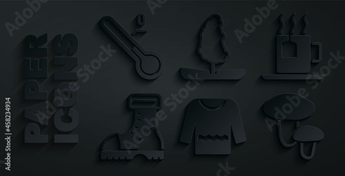 Set Sweater, Cup of tea with tea bag, Waterproof rubber boot, Mushroom, Tree and Meteorology thermometer icon. Vector