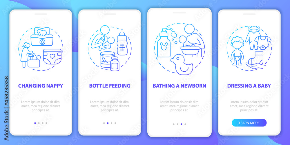 Infant care blue gradient onboarding mobile app page screen. Newborn care walkthrough 4 steps graphic instructions with concepts. UI, UX, GUI vector template with linear color illustrations