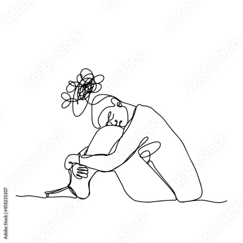 Line portrait. One line sitting man silhouette. Mental Health Awareness. Illustration of a man in depression. Psychology illustration.