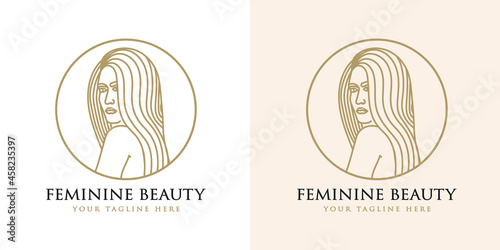 Hand drawn feminine woman beauty minimal face and floral botanical logo template for makeup spa salon skin & hair care line art portrait vector printable