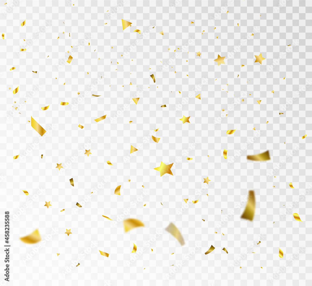Gold confetti and ribbons falling on a transparent background. Festive illustration. Vector Gold confetti and ribbons falling on a transparent background. Festive illustration. Vector