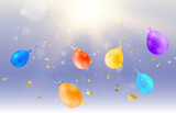 A festive illustration with balloons and falling candies.